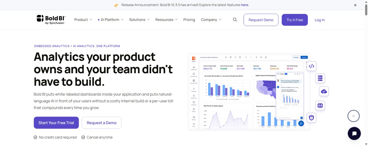 Bold BI homepage showing self-service BI and embedded analytics.