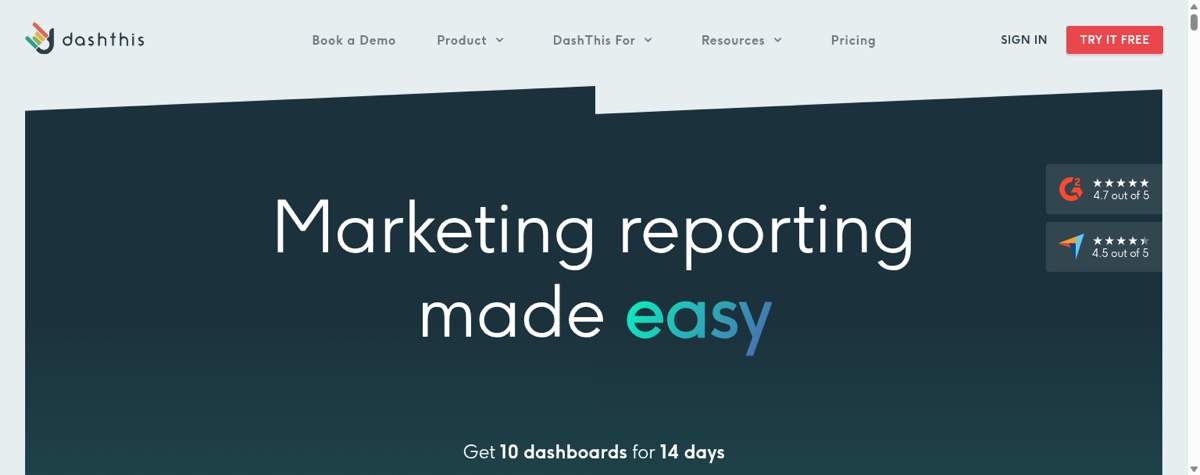 DashThis homepage showing automated marketing reporting dashboards.