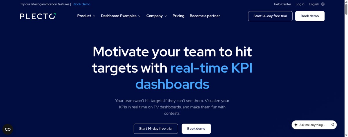 Plecto homepage showing real-time KPI dashboards and leaderboards.