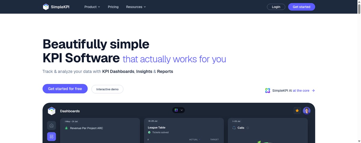 SimpleKPI's homepage showing its KPI dashboard and reporting software.