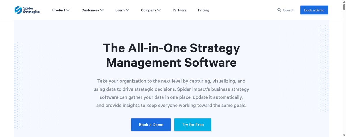 Spider Strategies homepage showing balanced scorecard and strategy software.