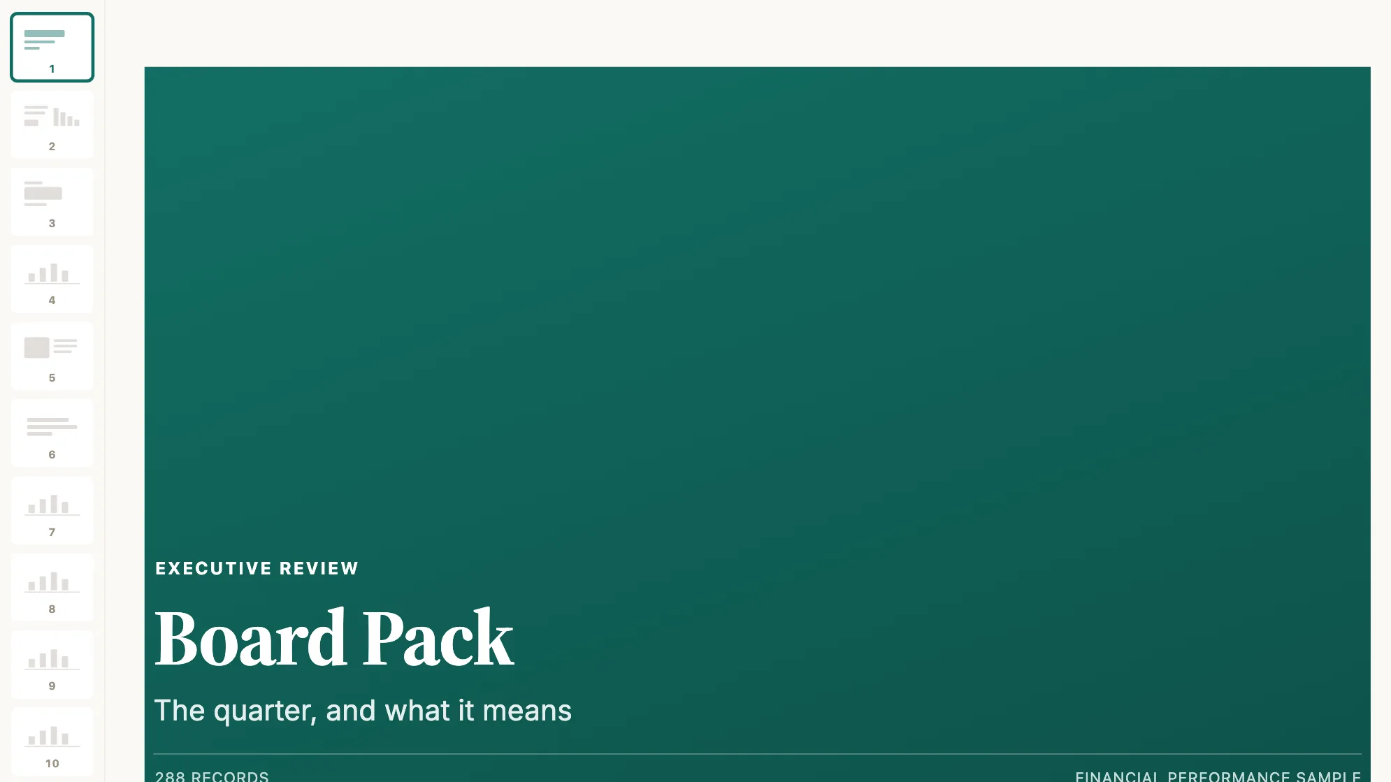 Board Pack: the deck's title slide, with slide thumbnails in the rail and 288 sample records.