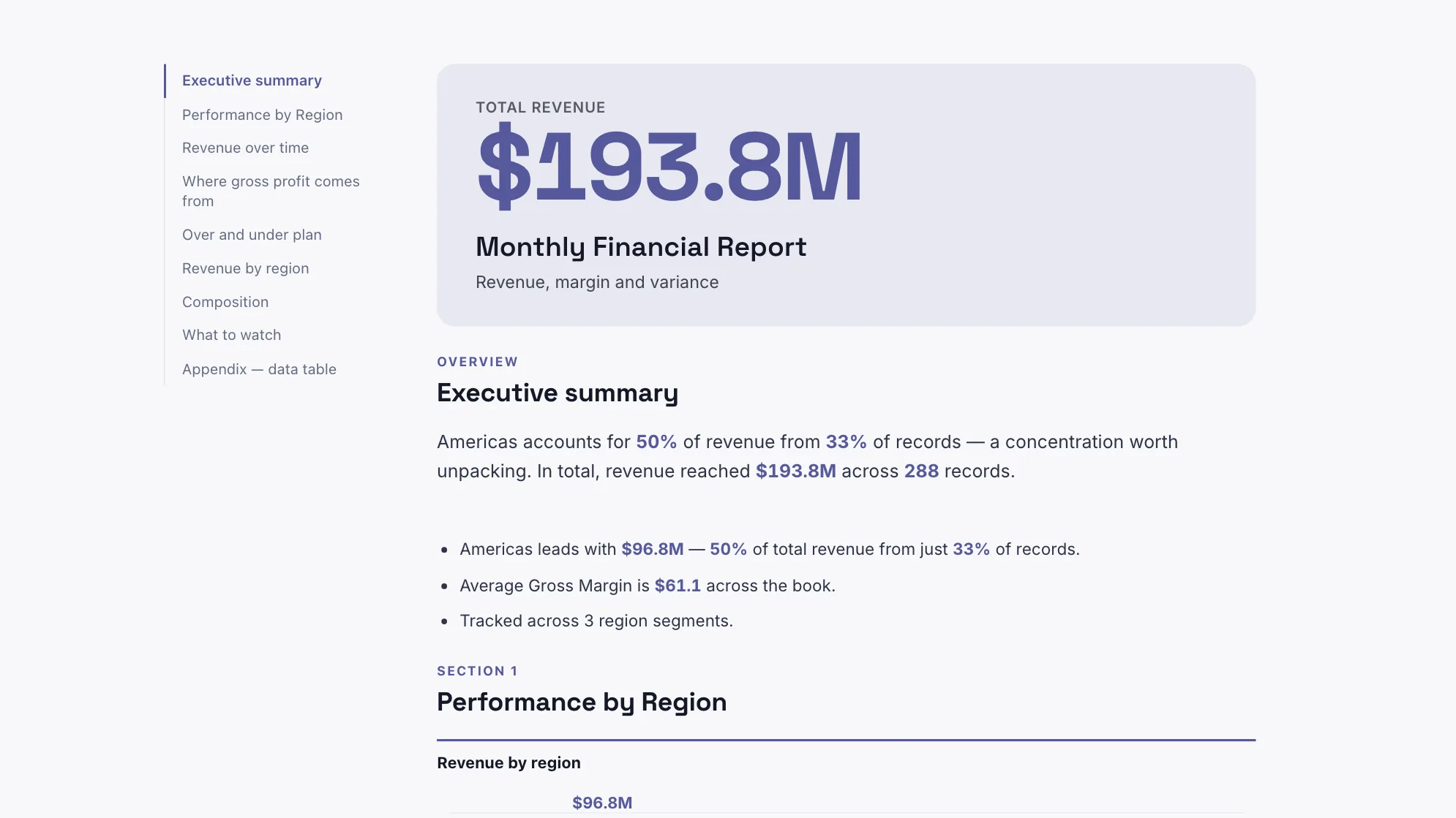 Monthly Financial Report: the opening summary, with Performance by Region and Revenue over time in the contents rail.