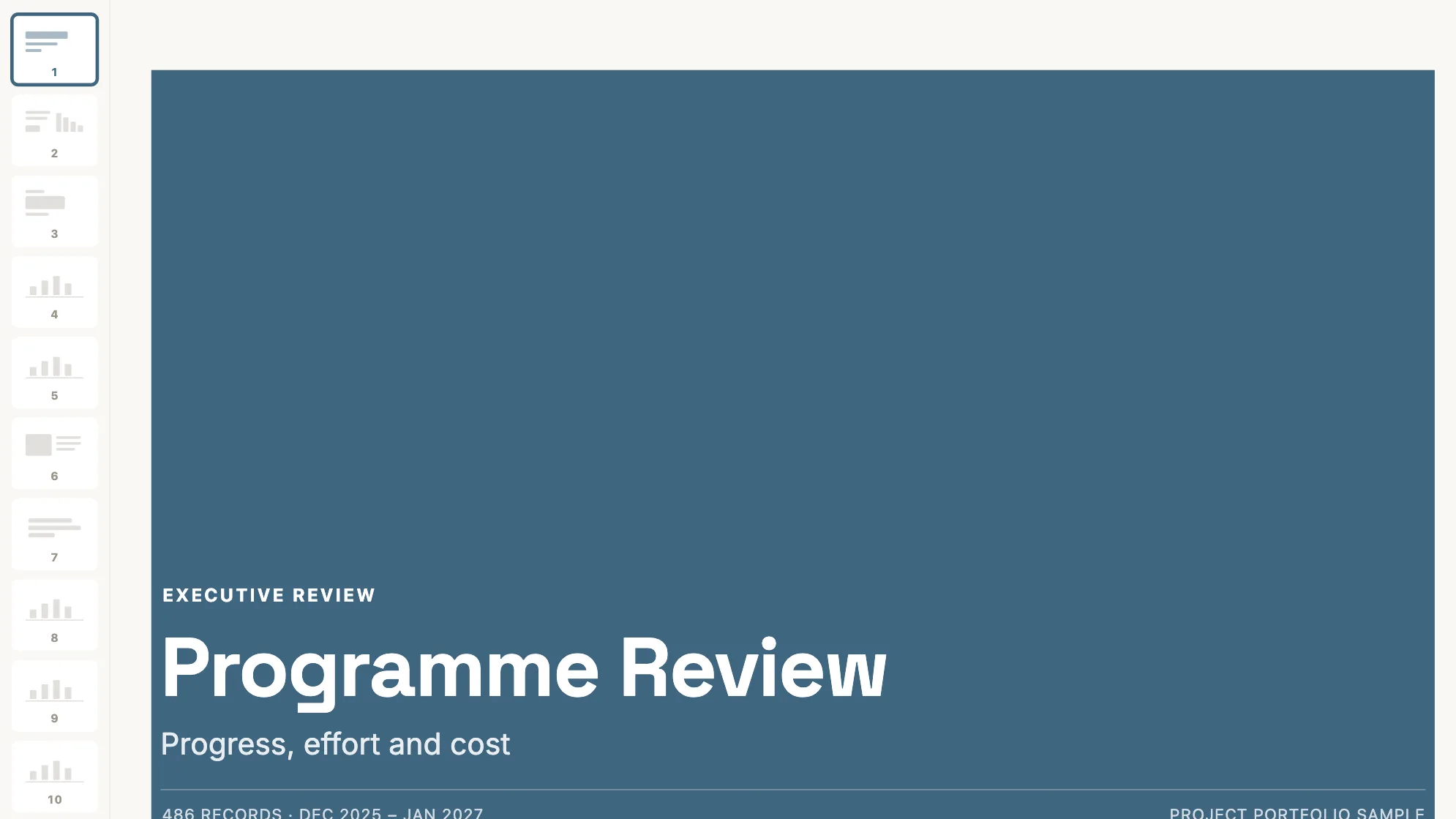 Programme Review Deck: the deck's title slide, with slide thumbnails in the rail and 486 sample records.
