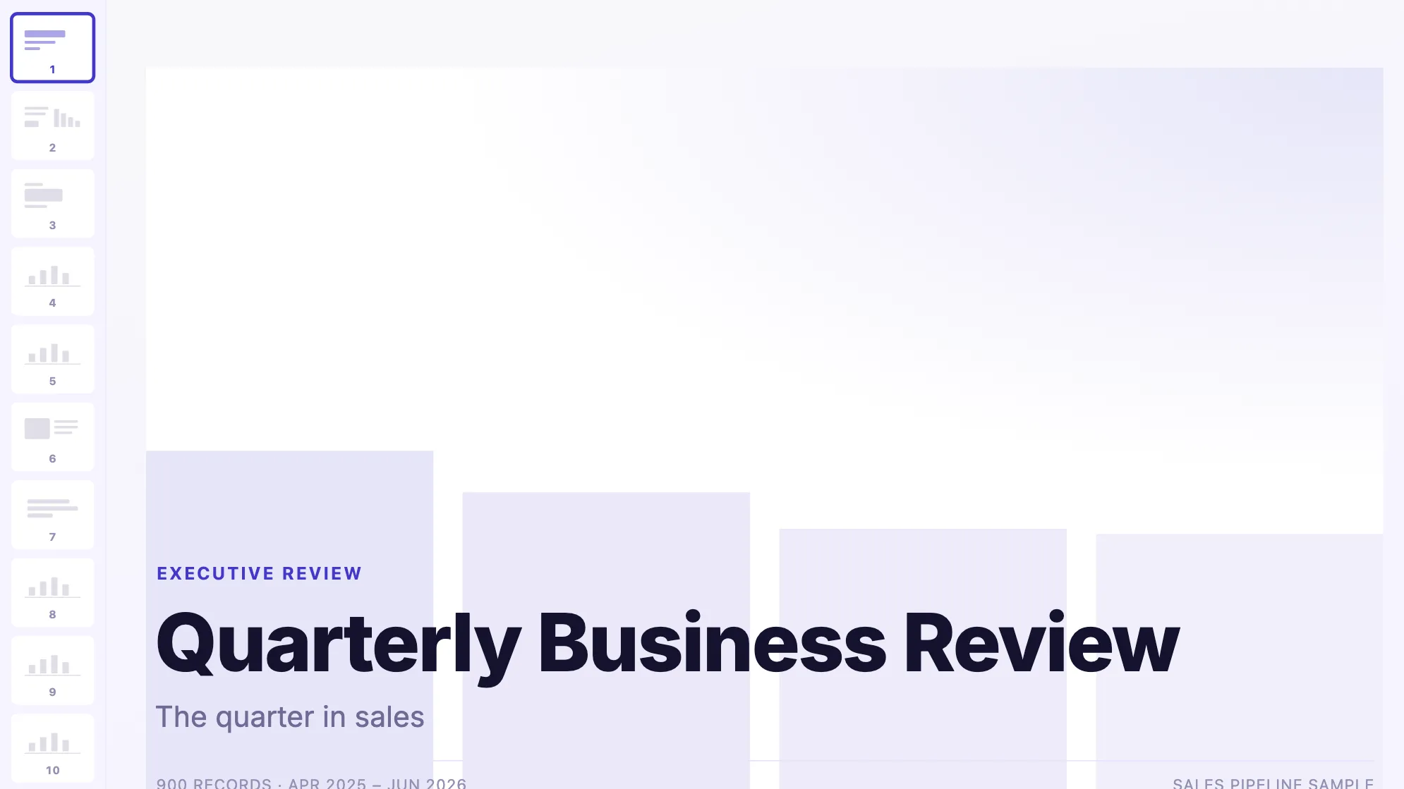 Quarterly Business Review: the deck's title slide, with slide thumbnails in the rail and 900 sample records.