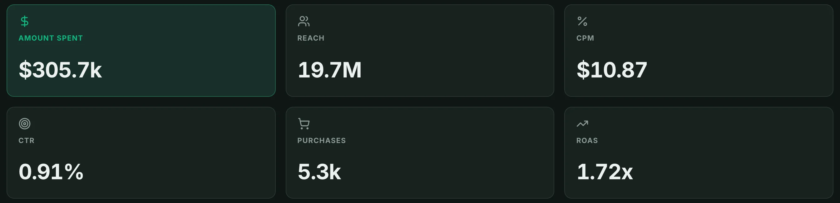 Facebook Ads dashboard: Amount spent, Reach, CPM, CTR, Purchases, ROAS