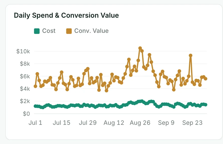 Google Ads dashboard chart: Daily spend and conversion value