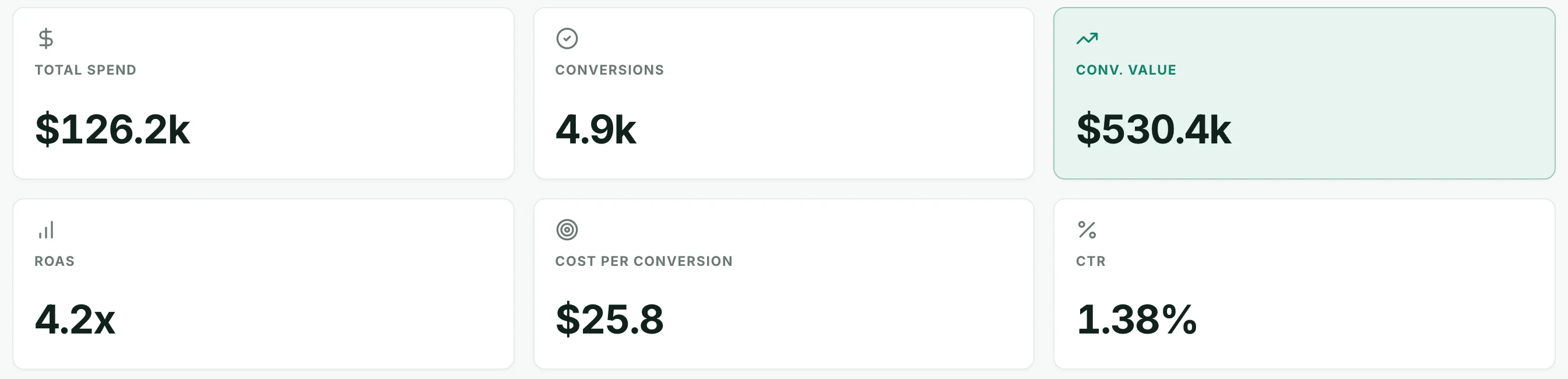 Google Ads dashboard: Total spend, Conversions, Conversion value, ROAS, Cost per conversion, CTR