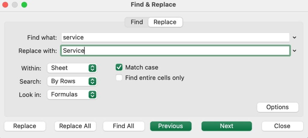 The find and replace functionality in Excel