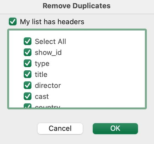 Removing duplicates screens in Excel