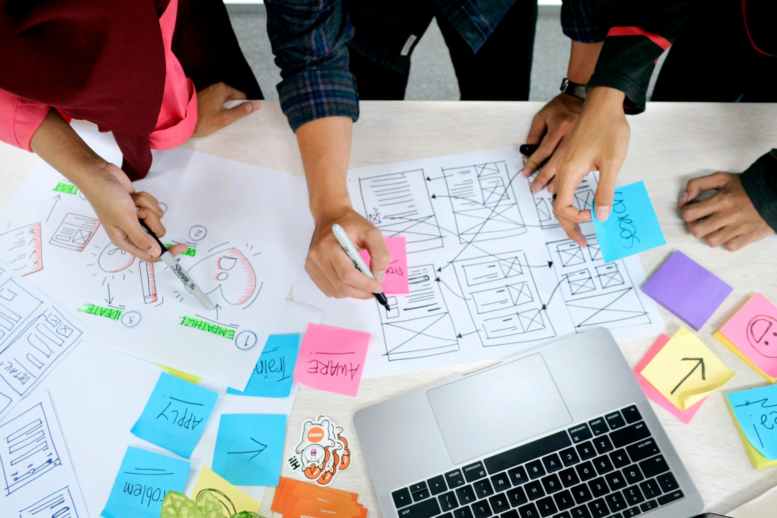 Team collaborating on wireframes and sticky notes